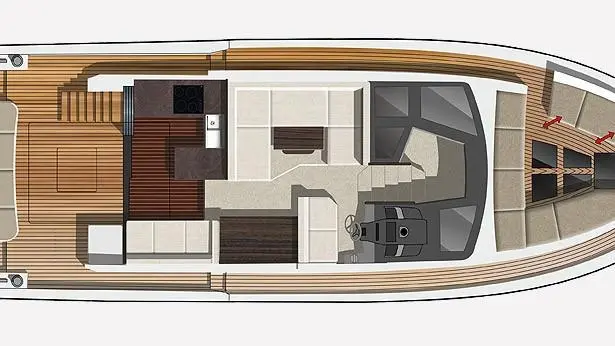 Top view of a yacht interior, showcasing seating, kitchen area, and helm, with wooden deck and layout in a contemporary style.